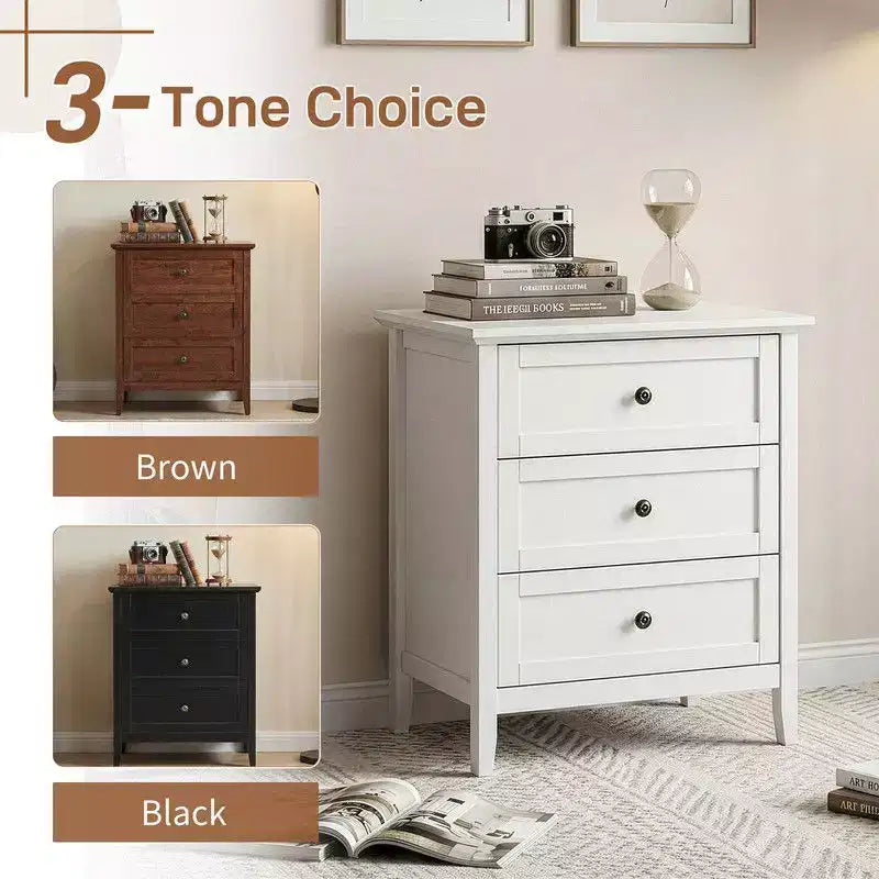 24 Inch Nightstand with 3 Drawers & Built-In USB, Type-C & AC Outlets, MDF, White