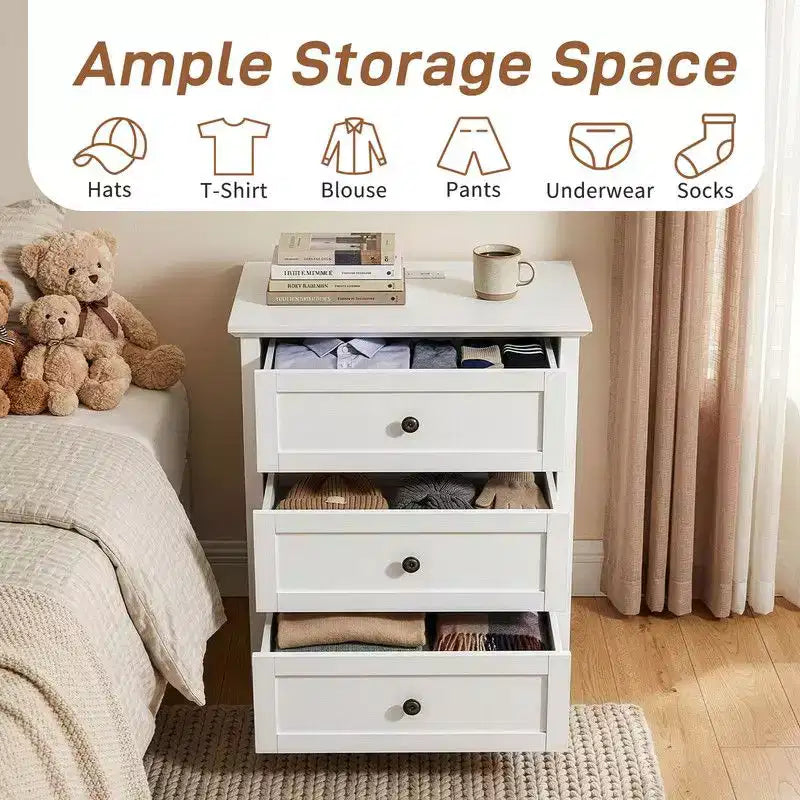 24 Inch Nightstand with 3 Drawers & Built-In USB, Type-C & AC Outlets, MDF, White