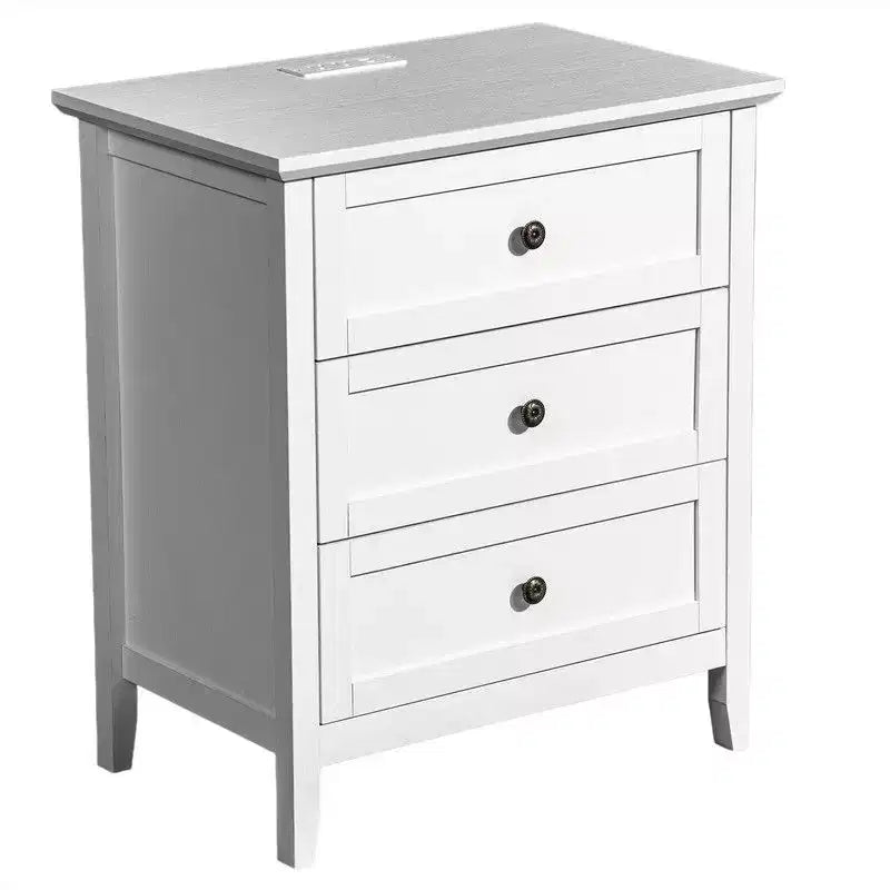 24 Inch Nightstand with 3 Drawers & Built-In USB, Type-C & AC Outlets, MDF, White