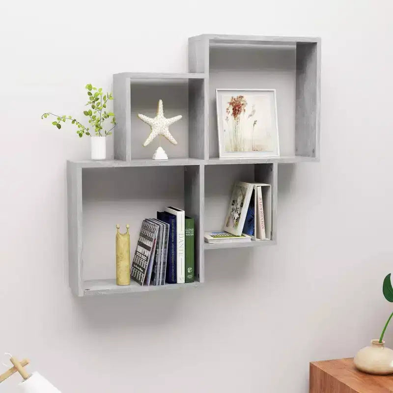 Wall Cube Shelf, Concrete Grey Engineered Wood, 4 Compartments, 88 lb, 31.5x30.9"