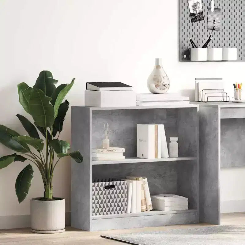Compact Bookshelf, Concrete Grey Engineered Wood, 2 Shelves, 31.5W x 29.9H x 9.4D