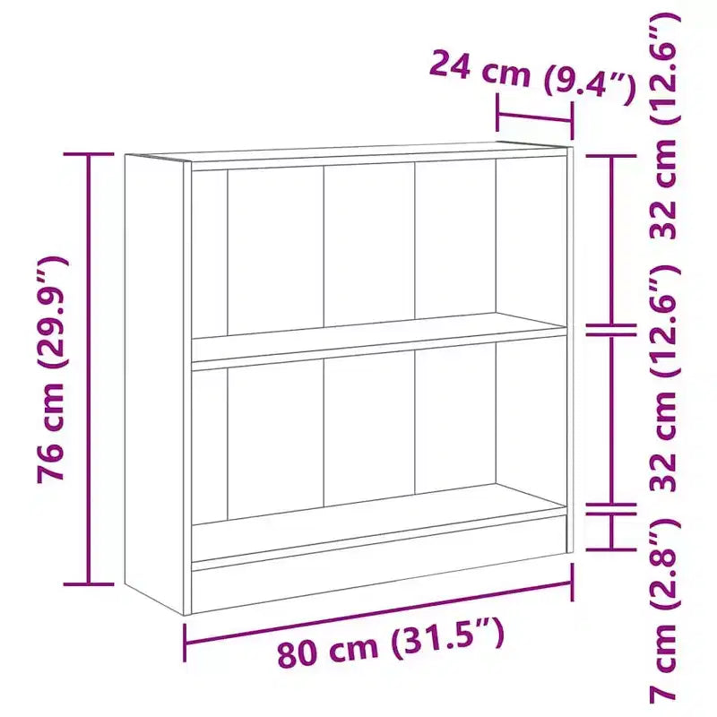 Compact Bookshelf, Concrete Grey Engineered Wood, 2 Shelves, 31.5W x 29.9H x 9.4D