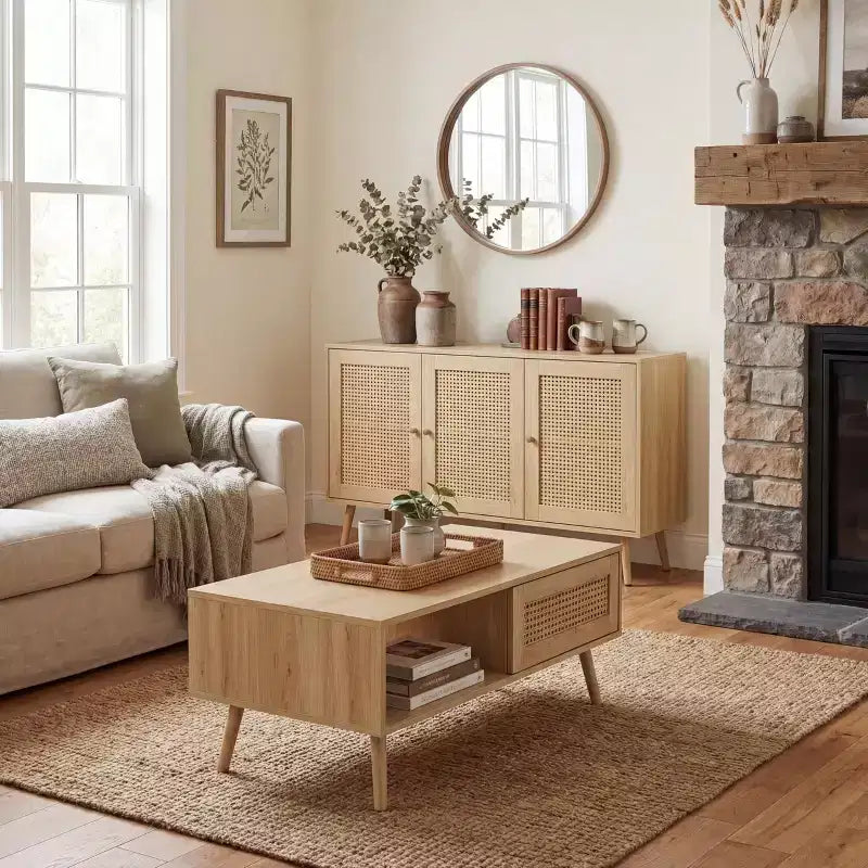Ensembles de tables de salon de 2 pièces, inclut un meuble TV en rotin de 120 cm pour téléviseur de 55 pouces, une table basse de style ferme avec étagère de rangement pour chambre à coucher
