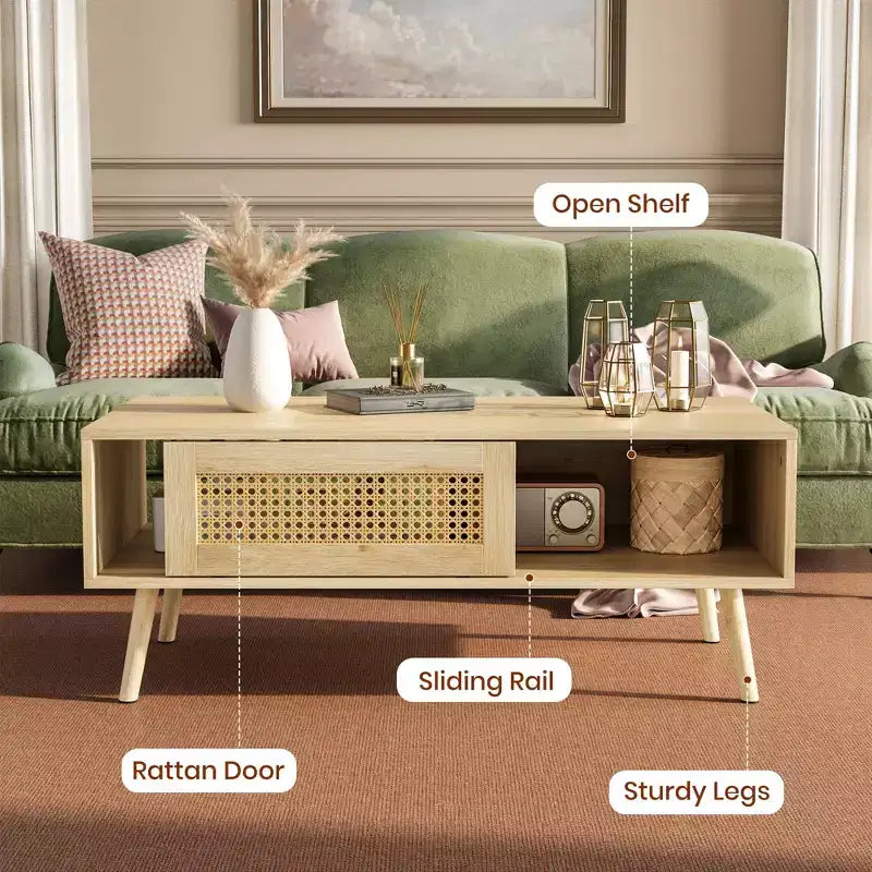 Ensembles de tables de salon de 2 pièces, inclut un meuble TV en rotin de 120 cm pour téléviseur de 55 pouces, une table basse de style ferme avec étagère de rangement pour chambre à coucher