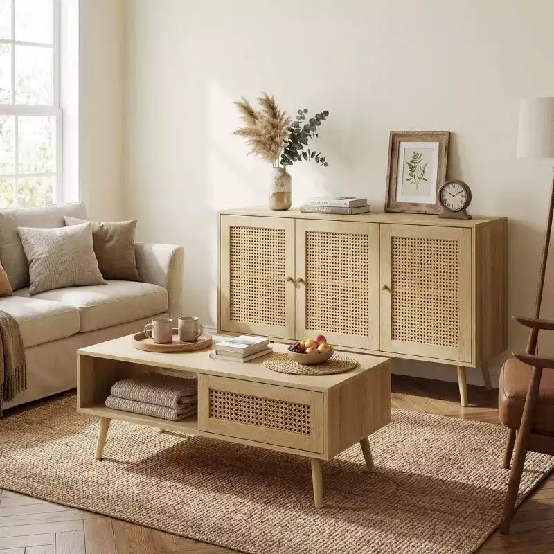 Ensembles de tables de salon de 2 pièces, inclut un meuble TV en rotin de 120 cm pour téléviseur de 55 pouces, une table basse de style ferme avec étagère de rangement pour chambre à coucher