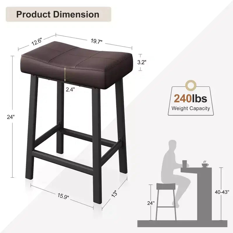 Lot de 4 tabourets de bar hauteur comptoir, 61 cm, similicuir PU selle, cadre métallique, 109 kg