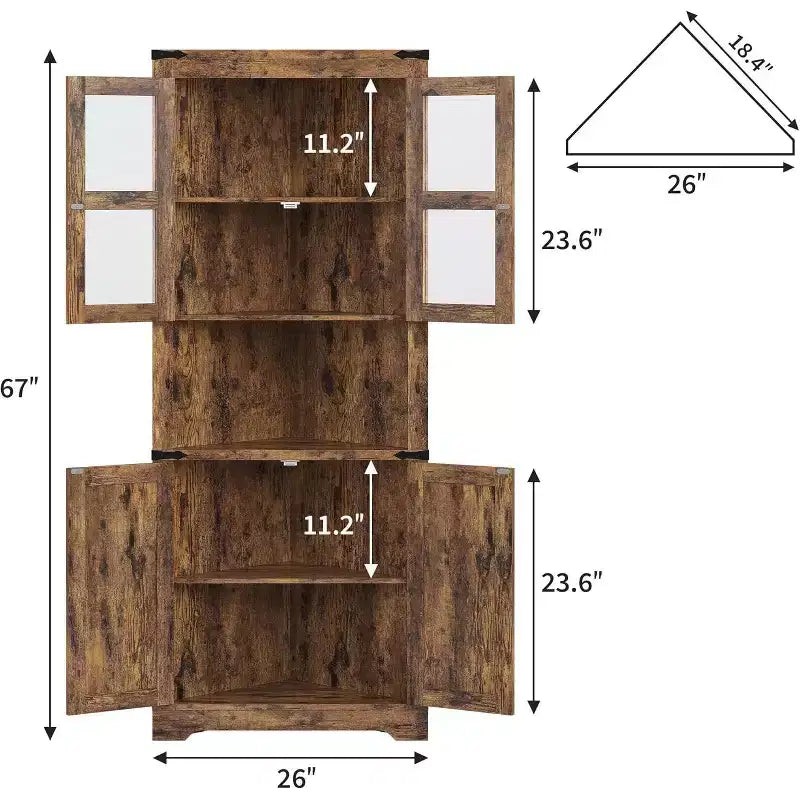 Meuble de Rangement d'Angle à 6 Niveaux, 178 cm, Style Ferme, Portes en Verre, Bois Gris
