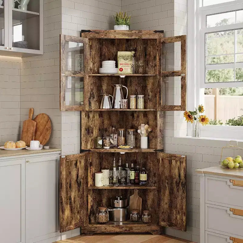 Meuble de Rangement d'Angle à 6 Niveaux, 178 cm, Style Ferme, Portes en Verre, Bois Gris