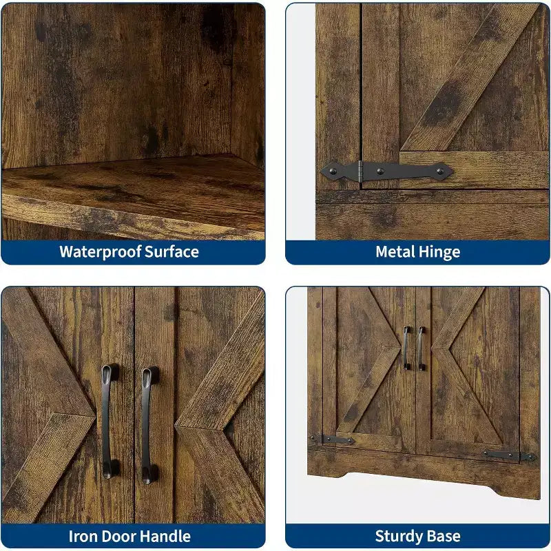 Meuble de Rangement d'Angle à 6 Niveaux, 178 cm, Style Ferme, Portes en Verre, Bois Gris