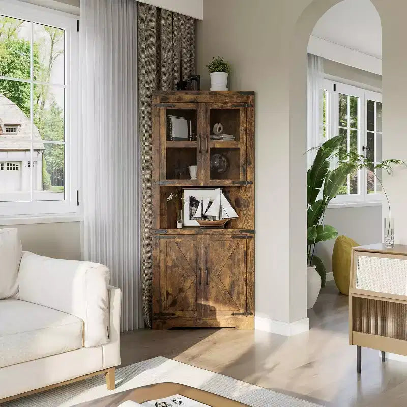 Meuble de Rangement d'Angle à 6 Niveaux, 178 cm, Style Ferme, Portes en Verre, Bois Gris