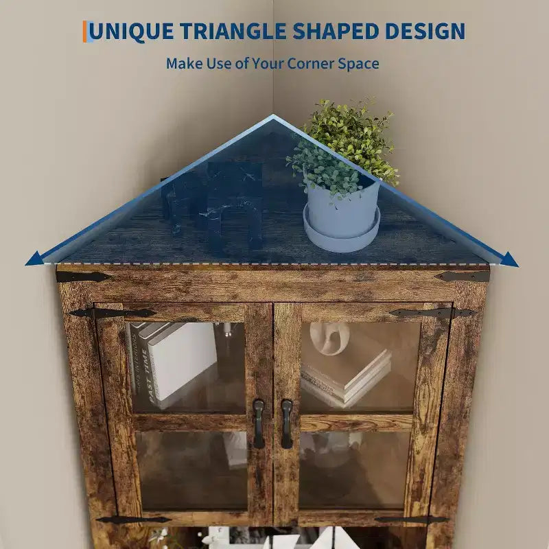 Meuble de Rangement d'Angle à 6 Niveaux, 178 cm, Style Ferme, Portes en Verre, Bois Gris
