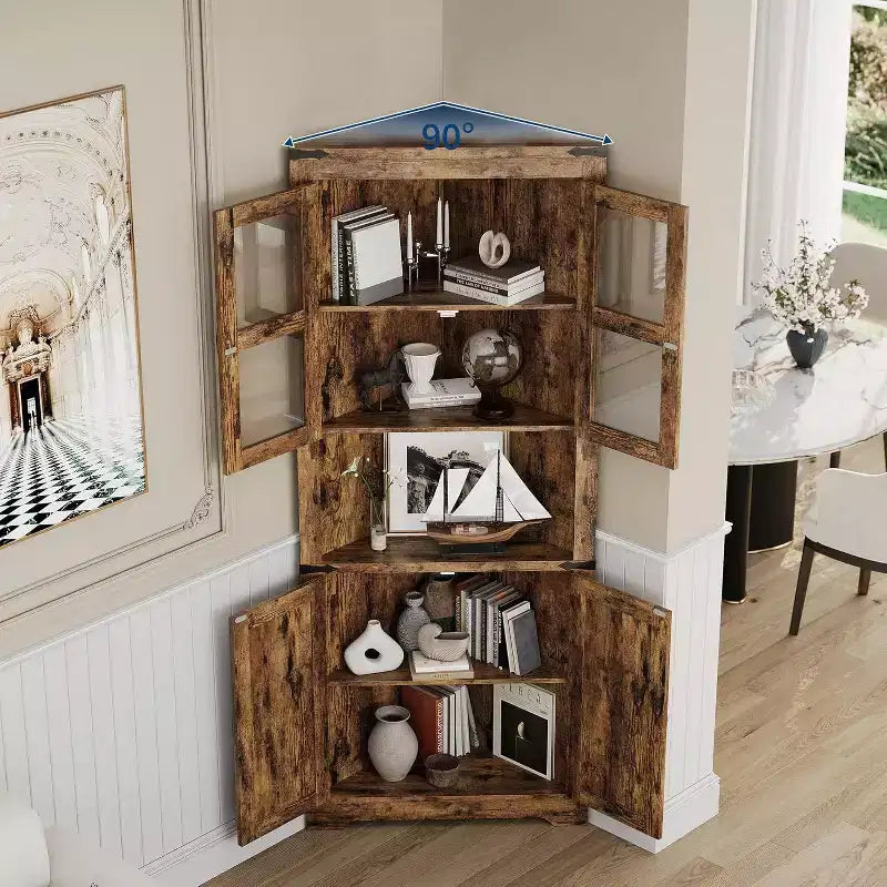 Meuble de Rangement d'Angle à 6 Niveaux, 178 cm, Style Ferme, Portes en Verre, Bois Gris