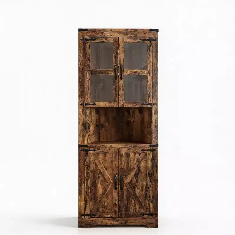 Meuble de Rangement d'Angle à 6 Niveaux, 178 cm, Style Ferme, Portes en Verre, Bois Gris