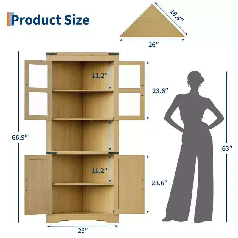 Meuble de Rangement d'Angle à 6 Niveaux, 178 cm, Style Ferme, Portes en Verre, Bois Gris