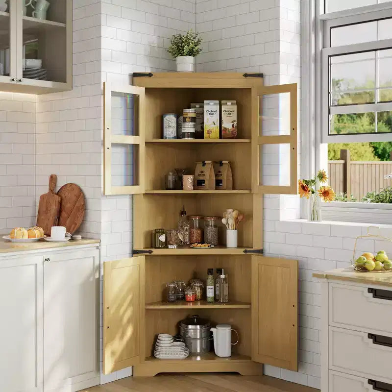 Meuble de Rangement d'Angle à 6 Niveaux, 178 cm, Style Ferme, Portes en Verre, Bois Gris