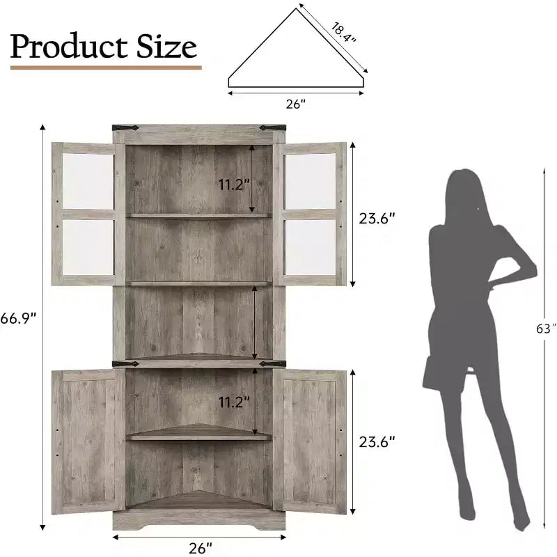 6-Tier Corner Storage Cabinet, 70 Inch, Farmhouse Style, Glass Doors, Grey Wood
