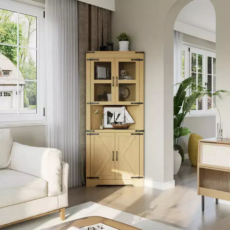 Meuble de Rangement d'Angle à 6 Niveaux, 178 cm, Style Ferme, Portes en Verre, Bois Gris