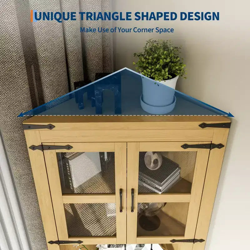 Meuble de Rangement d'Angle à 6 Niveaux, 178 cm, Style Ferme, Portes en Verre, Bois Gris