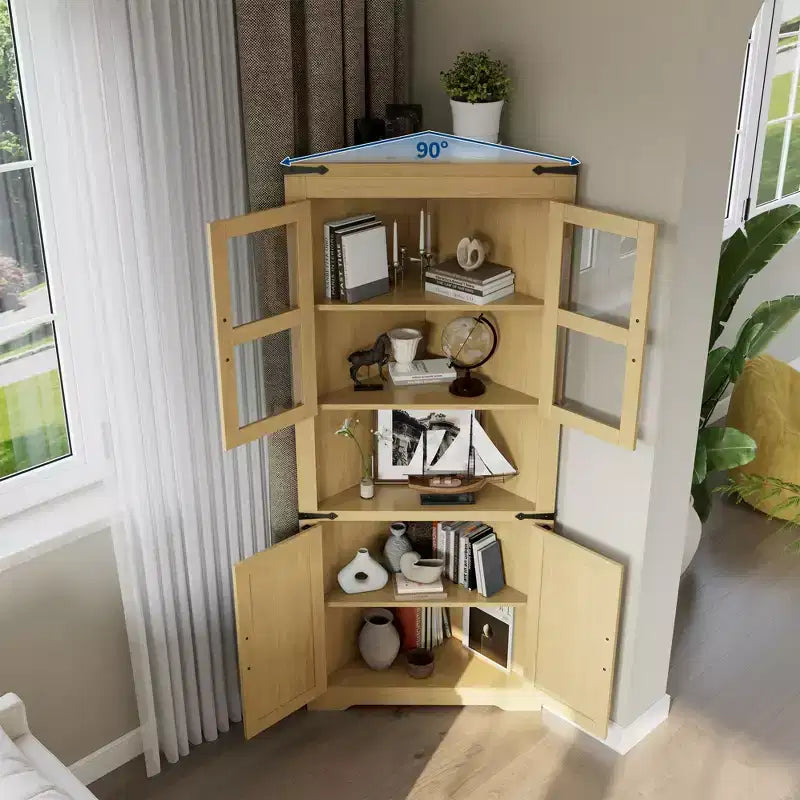 Meuble de Rangement d'Angle à 6 Niveaux, 178 cm, Style Ferme, Portes en Verre, Bois Gris