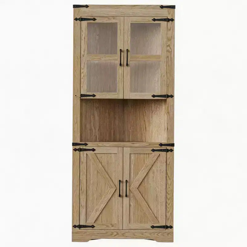 Meuble de Rangement d'Angle à 6 Niveaux, 178 cm, Style Ferme, Portes en Verre, Bois Gris
