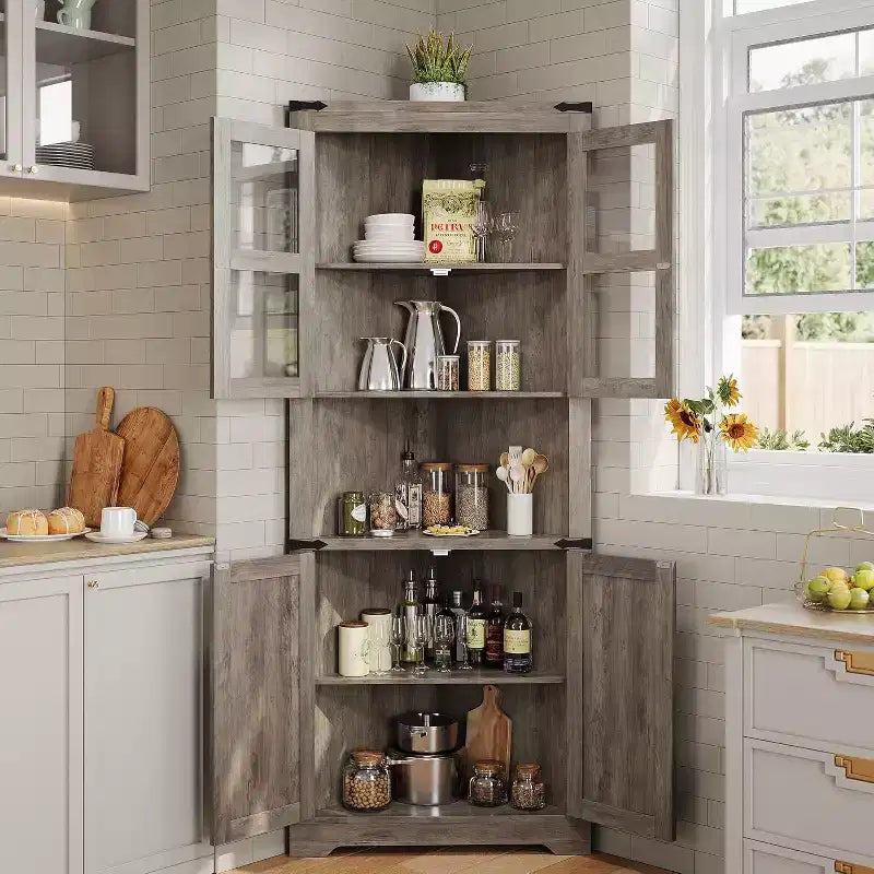 Meuble de Rangement d'Angle à 6 Niveaux, 178 cm, Style Ferme, Portes en Verre, Bois Gris