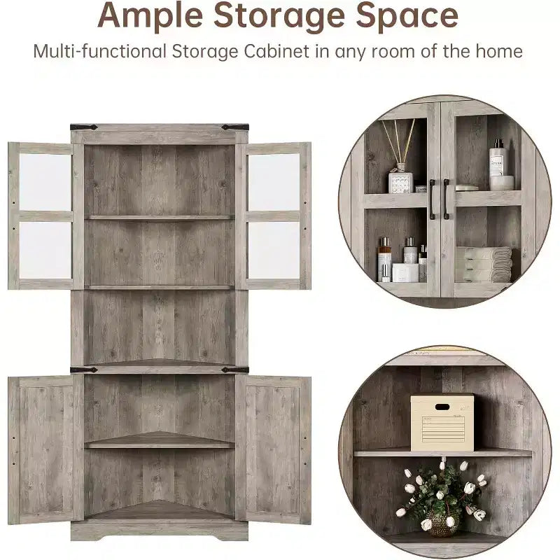 6-Tier Corner Storage Cabinet, 70 Inch, Farmhouse Style, Glass Doors, Grey Wood