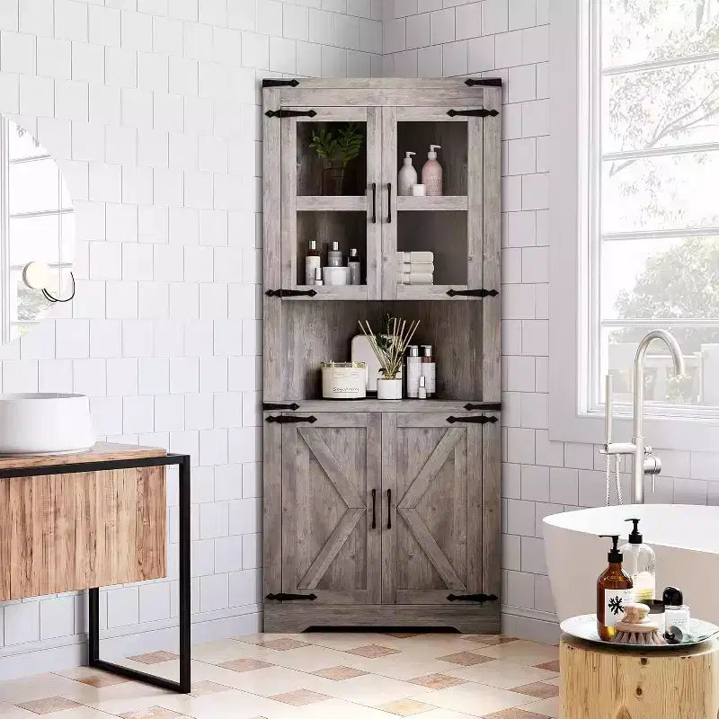 Meuble de Rangement d'Angle à 6 Niveaux, 178 cm, Style Ferme, Portes en Verre, Bois Gris