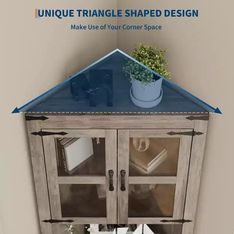 Meuble de Rangement d'Angle à 6 Niveaux, 178 cm, Style Ferme, Portes en Verre, Bois Gris