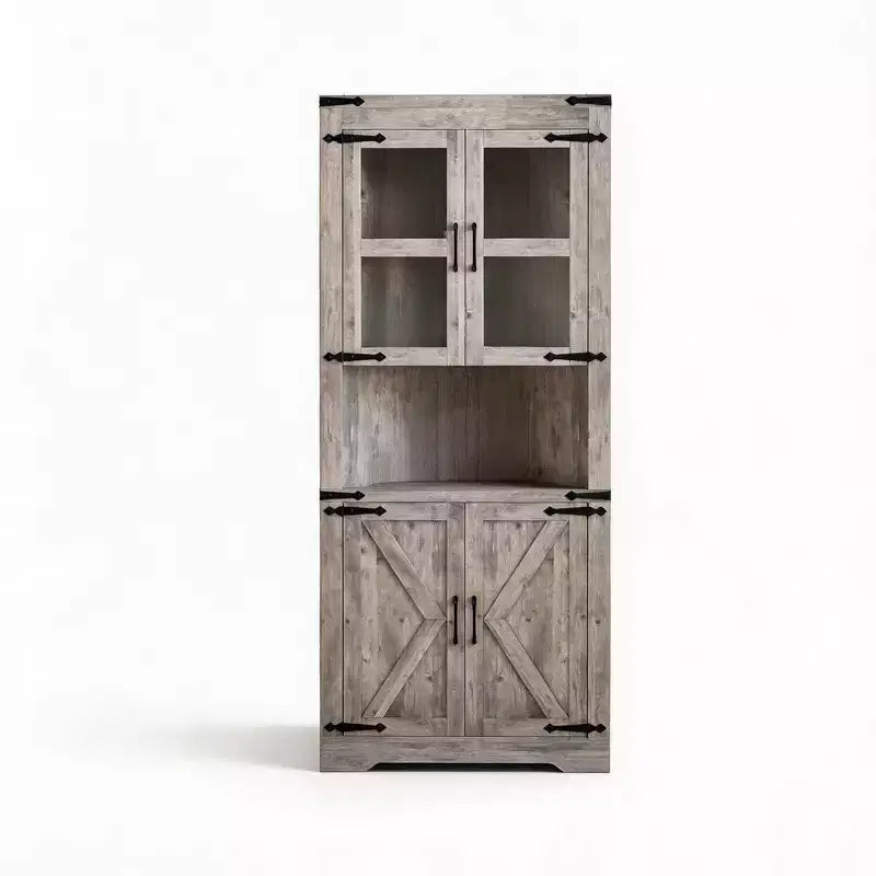 Meuble de Rangement d'Angle à 6 Niveaux, 178 cm, Style Ferme, Portes en Verre, Bois Gris