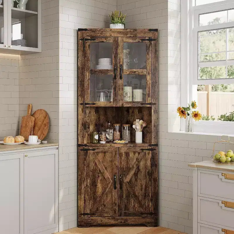 6-Tier Corner Storage Cabinet, 70 Inch, Farmhouse Style, Glass Doors, Grey Wood