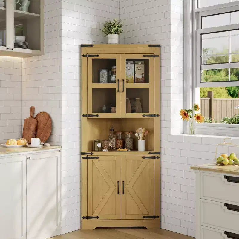 6-Tier Corner Storage Cabinet, 70 Inch, Farmhouse Style, Glass Doors, Grey Wood