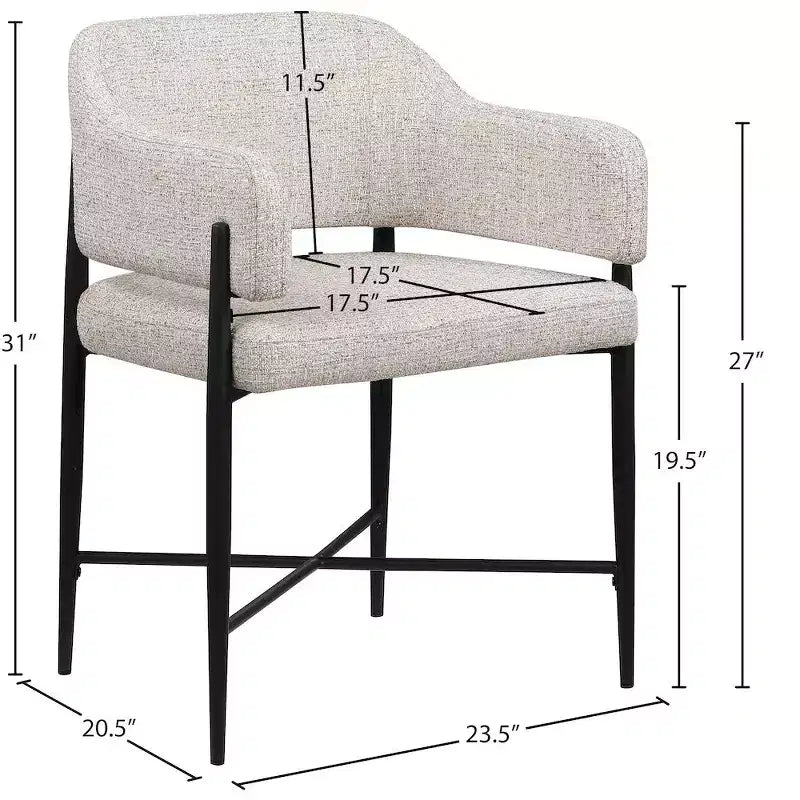 Beige Fabric Upholstered Dining Chairs Set of 2, Matte Black Iron Frame, 300 lb