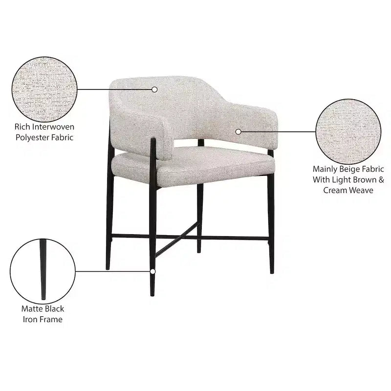 Beige Fabric Upholstered Dining Chairs Set of 2, Matte Black Iron Frame, 300 lb