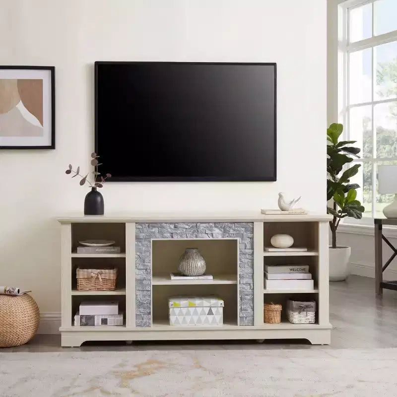 Meuble TV 147 cm, contour aspect pierres empilées, rangement ouvert, téléviseurs jusqu'à 65", blanc