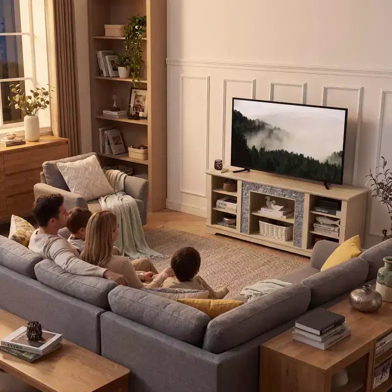 58 Inch TV Stand, Faux Stacked Stone Surround, Open Storage, TVs up to 65", White