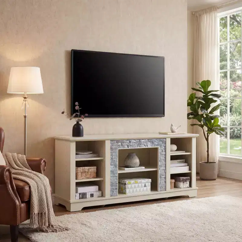 58 Inch TV Stand, Faux Stacked Stone Surround, Open Storage, TVs up to 65", White