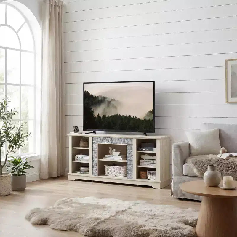 Meuble TV 147 cm, contour aspect pierres empilées, rangement ouvert, téléviseurs jusqu'à 65", blanc