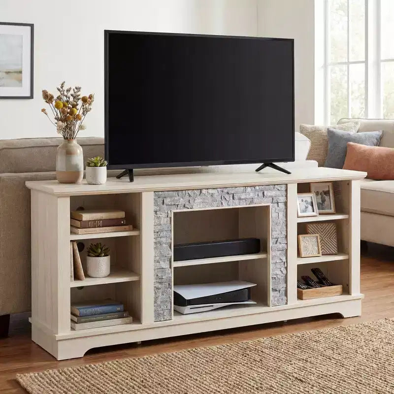 Meuble TV 147 cm, contour aspect pierres empilées, rangement ouvert, téléviseurs jusqu'à 65", blanc