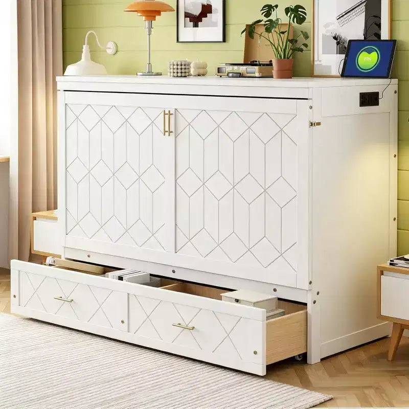 Luxystar Modern Queen Murphy Bed Cabinet With Storage Drawers, Safety Lock and Outlet