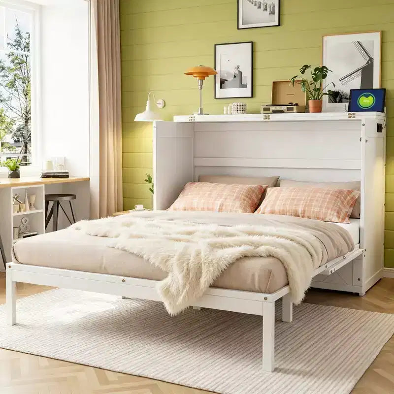 Luxystar Modern Queen Murphy Bed Cabinet With Storage Drawers, Safety Lock and Outlet