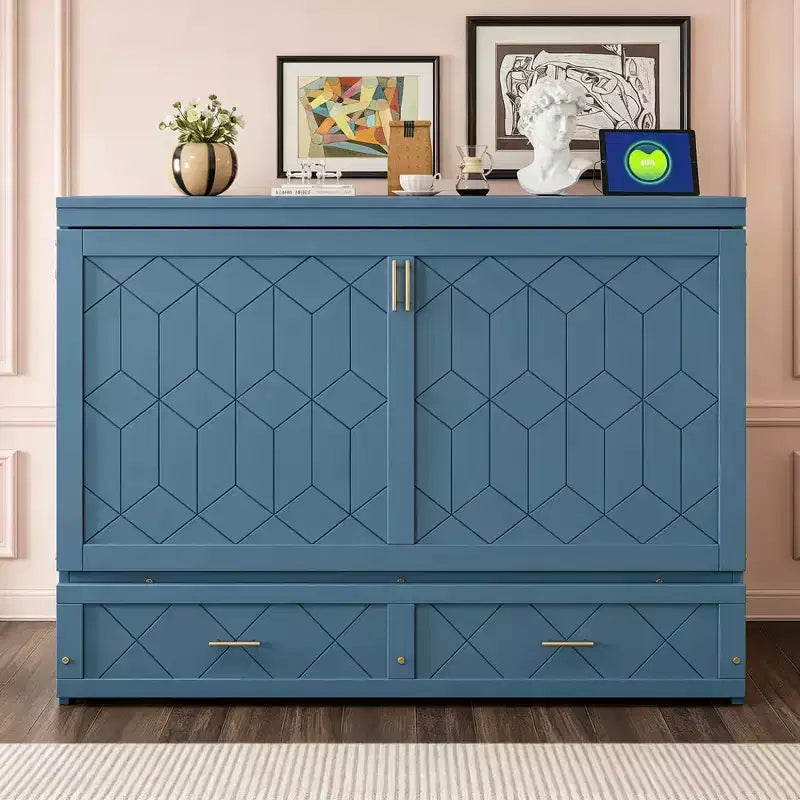Luxystar Modern Queen Murphy Bed Cabinet With Storage Drawers, Safety Lock and Outlet
