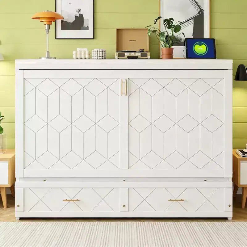 Luxystar Modern Queen Murphy Bed Cabinet With Storage Drawers, Safety Lock and Outlet