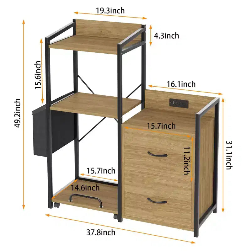 Caisson de classement mobile à 2 tiroirs avec multiprise intégrée, grand support d'imprimante pour bureau à domicile, convient aux documents de taille lettre/A4, rangement utilitaire avec étagère ouverte