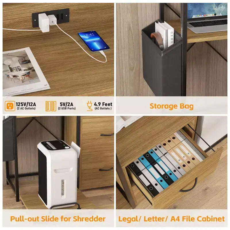 Caisson de classement mobile à 2 tiroirs avec multiprise intégrée, grand support d'imprimante pour bureau à domicile, convient aux documents de taille lettre/A4, rangement utilitaire avec étagère ouverte