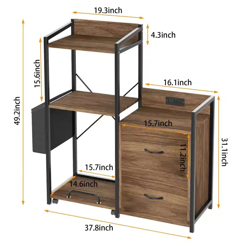 Caisson de classement mobile à 2 tiroirs avec multiprise intégrée, grand support d'imprimante pour bureau à domicile, convient aux documents de taille lettre/A4, rangement utilitaire avec étagère ouverte