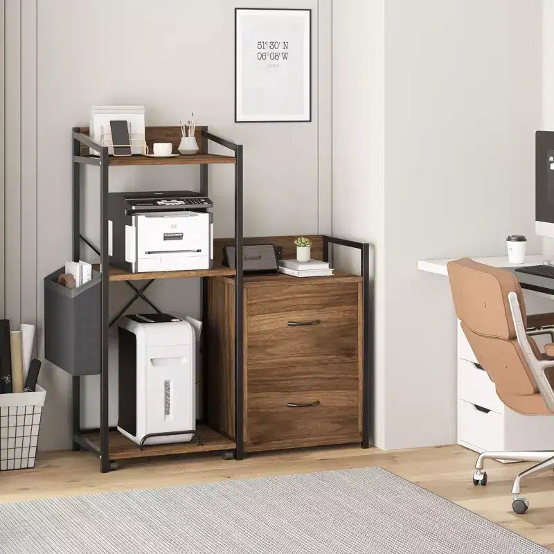 Caisson de classement mobile à 2 tiroirs avec multiprise intégrée, grand support d'imprimante pour bureau à domicile, convient aux documents de taille lettre/A4, rangement utilitaire avec étagère ouverte