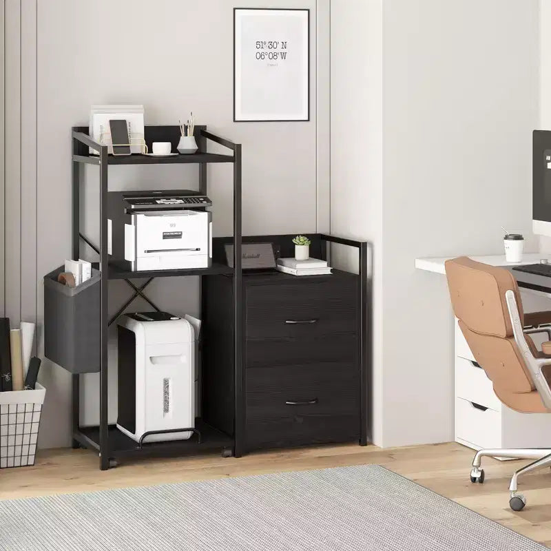 Caisson de classement mobile à 2 tiroirs avec multiprise intégrée, grand support d'imprimante pour bureau à domicile, convient aux documents de taille lettre/A4, rangement utilitaire avec étagère ouverte