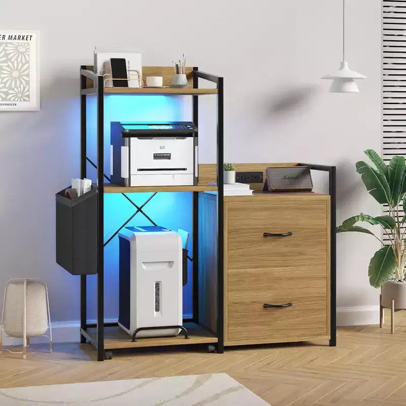 Mobile 2-Drawer Filing Cabinet with Built-in Power Strip, Large Printer Stand for Home Office, Fits Letter/A4 Size, Utility Storage with Open Shelf