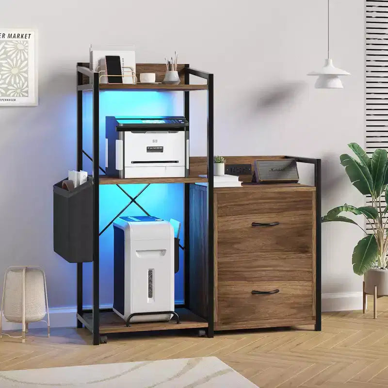 Mobile 2-Drawer Filing Cabinet with Built-in Power Strip, Large Printer Stand for Home Office, Fits Letter/A4 Size, Utility Storage with Open Shelf