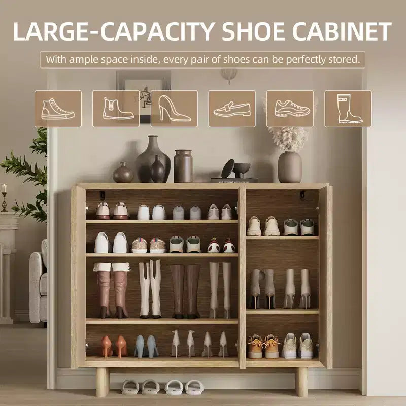 Meuble à chaussures rustique à 5 niveaux avec portes cannelées, banc de rangement autoportant en bois de 117 cm avec étagères réglables pour entrée et placard
